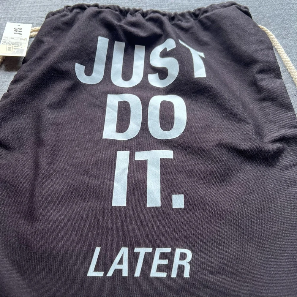 NEW Just Do It Later Black Drawstring Bag Backpack